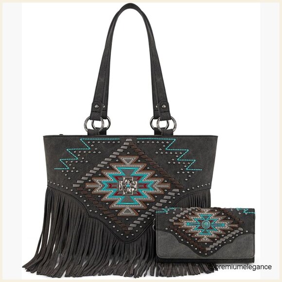 Large Vegan Leather Tote Bag with Wallet Set Western Style